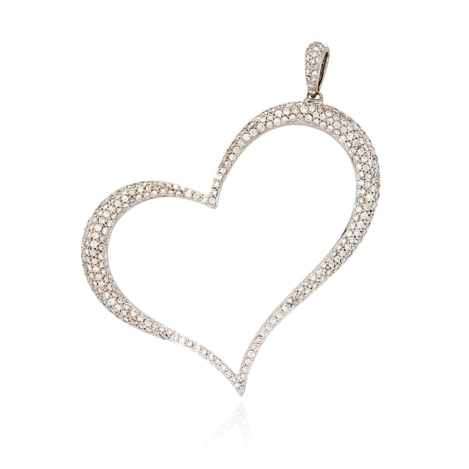 A LARGE 18K WHITE GOLD AND DIAMOND HEART PENDANT: A LARGE 18K WHITE GOLD AND DIAMOND HEART PENDANT Pavé-set with full-cut diamonds, total weight 3.38 carats, weight 13.4 dwt, length 2 7/8 in. For further information on this lot please visit