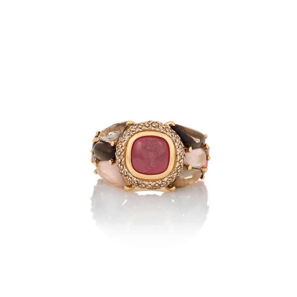 ANTONINI: AN 18K GOLD, GEM-SET, AND DIAMOND RING, ITALY: ANTONINI: AN 18K GOLD, GEM-SET, AND DIAMOND RING, ITALY Centering a square cabochon rhodochrosite, framed by full-cut light brown diamonds, with fancy-cut brown and near colorless quartz and