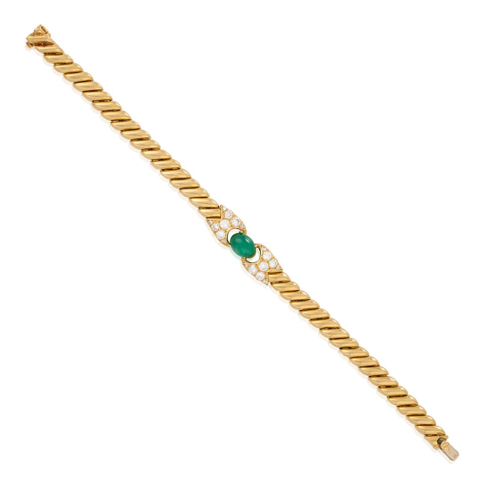 FRED: AN 18K GOLD, EMERALD, AND DIAMOND BRACELET, FRANCE: FRED: AN 18K GOLD, EMERALD, AND DIAMOND BRACELET, FRANCE Centering an emerald cabochon framed by full-cut diamonds, 19.2 dwt, signed Fred, Partial French maker's mark and guarantee stamp, length 6