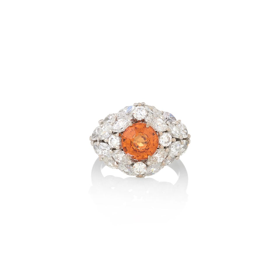 A 14K WHITE GOLD, SPESSARTINE GARNET, AND DIAMOND RING (1 of 5)