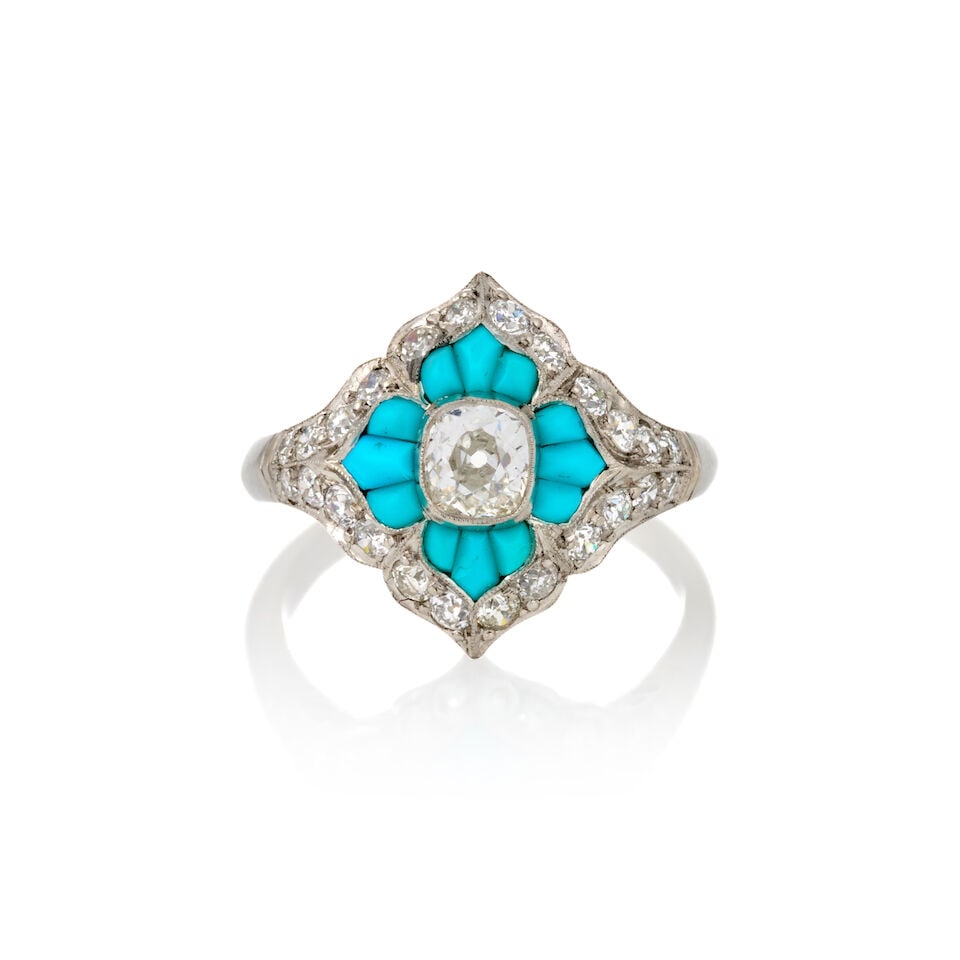 A PLATINUM, TURQUOISE, AND DIAMOND RING: A PLATINUM, TURQUOISE, AND DIAMOND RING Centering a bezel-set old mine-cut diamond, weighing approximately 0.49 carats, framed by calibé-cut turquoise, and old European-cut diamonds weighing appr