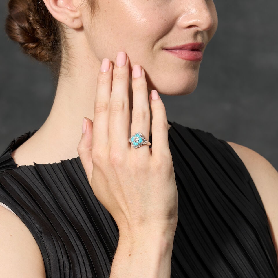 A PLATINUM, TURQUOISE, AND DIAMOND RING - 2