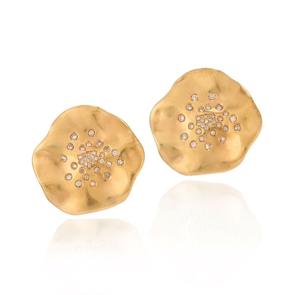 ANTONINI: A PAIR OF 18K ROSE GOLD AND DIAMOND EARRINGS, ITALY: ANTONINI: A PAIR OF 18K ROSE GOLD AND DIAMOND EARRINGS, ITALY Designed as wavy discs, set with full-cut light brown diamonds, weight 13.8 dwt, signed Antonini, numbered, Italian registry numbers,
