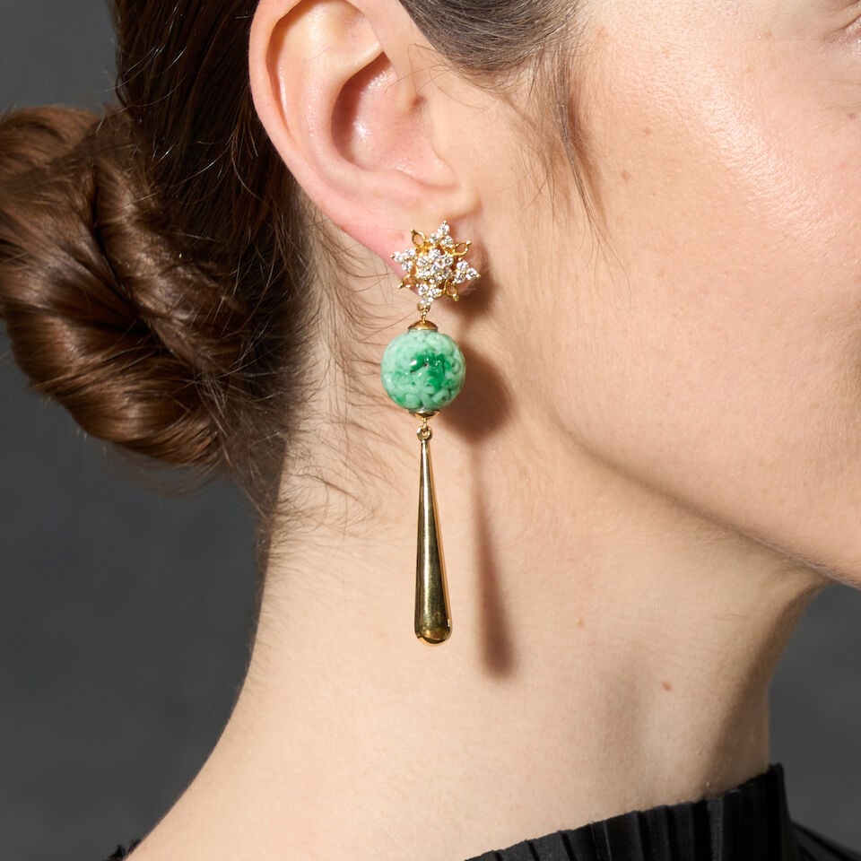 A PAIR OF 14K GOLD, JADEITE, AND DIAMOND EARRINGS: A PAIR OF 14K GOLD, JADEITE, AND DIAMOND EARRINGS The carved and pierced jade spheres, suspended from star-shaped tops set with full-cut diamonds, approximate total diamond weight 1.16 carats, with