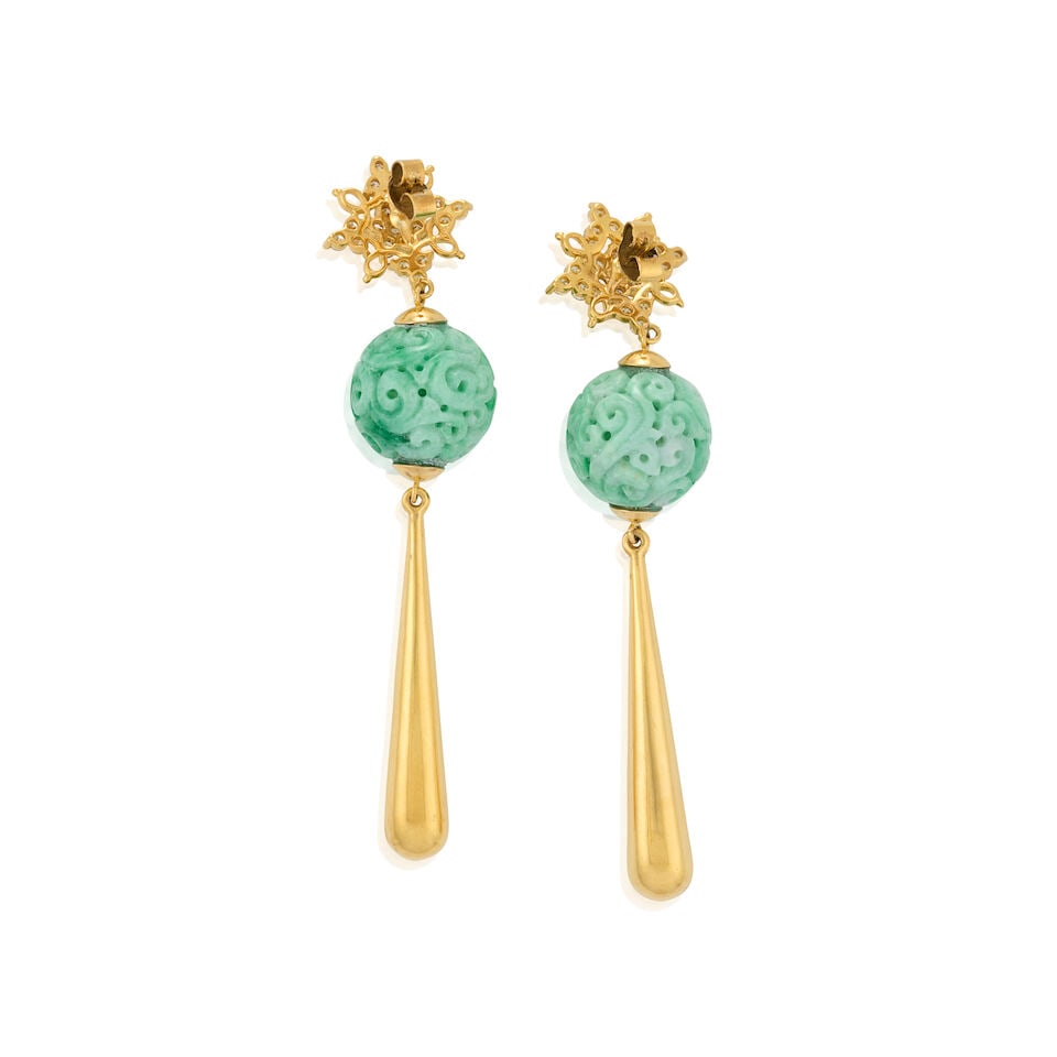 A PAIR OF 14K GOLD, JADEITE, AND DIAMOND EARRINGS - 2