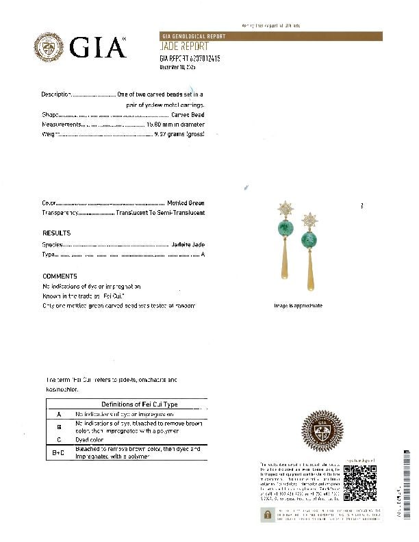 A PAIR OF 14K GOLD, JADEITE, AND DIAMOND EARRINGS - 3