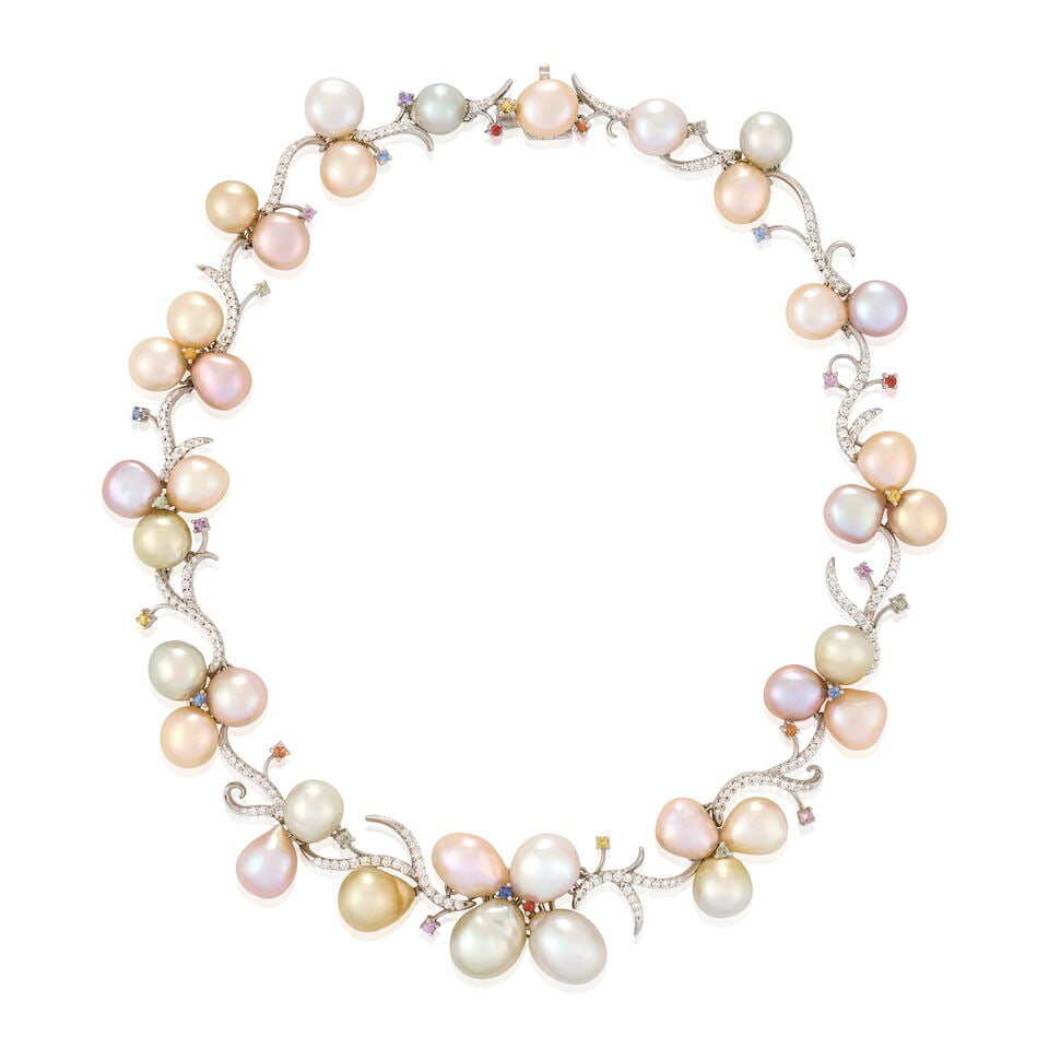 AN 18K WHITE GOLD, CULTURED PEARL, AND DIAMOND NECKLACE: AN 18K WHITE GOLD, CULTURED PEARL, AND DIAMOND NECKLACE Set with thirty-five drop-shape pearls with silver, green, pink, and purple overtones, ranging in size from approximately 9.30 x 8.85 to 14.20