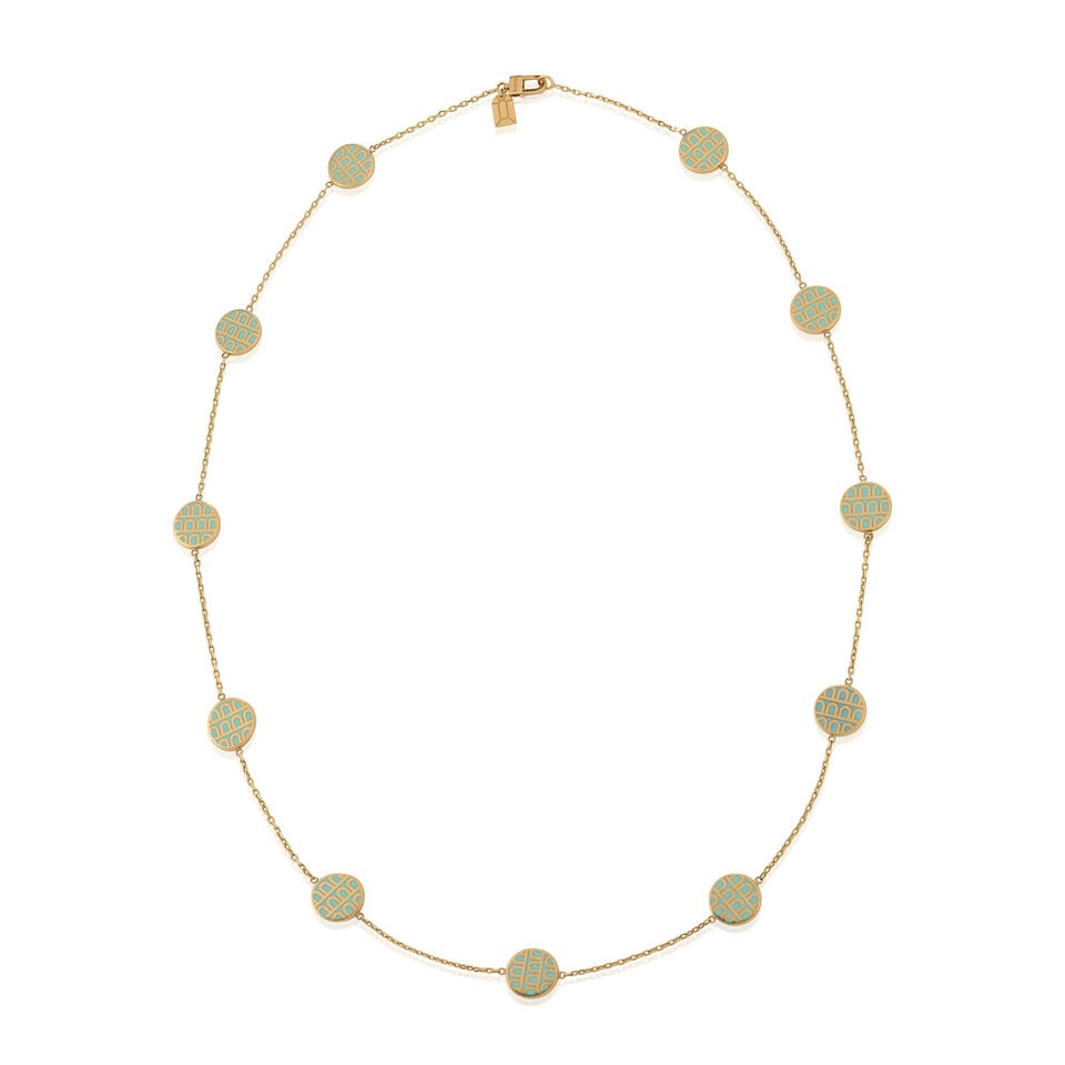 DAVIDOR PARIS: AN 18K GOLD AND LACQUERED CERAMIC 'L'ARC' NECKLACE: DAVIDOR PARIS: AN 18K GOLD AND LACQUERED CERAMIC 'L'ARC' NECKLACE The eleven discs with repeating Davidor arch pattern in lacquered blue and green ceramic, weight 18.4 dwt, signed Davidor, maker's