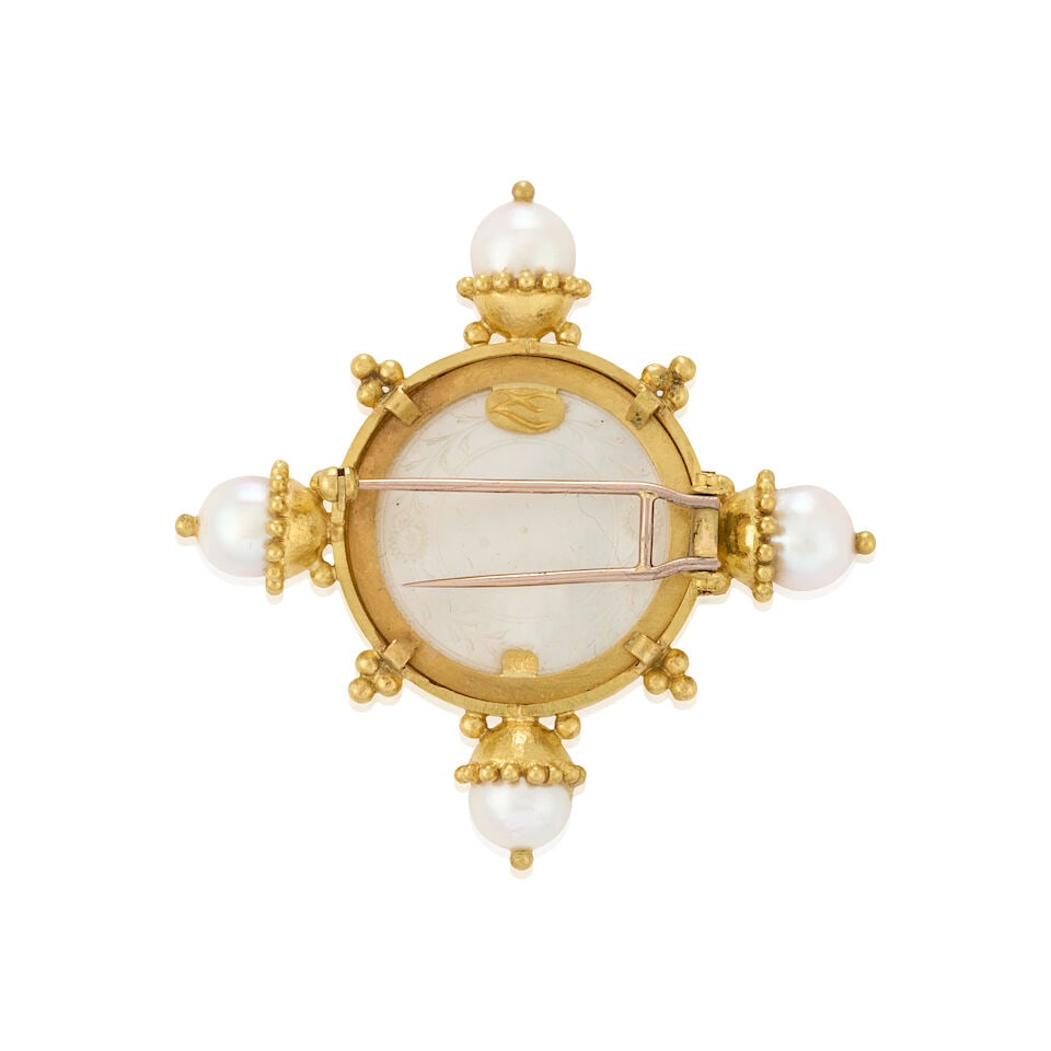 ELIZABETH LOCKE: AN 18K GOLD, MOTHER-OF-PEARL, AND CULTURED PEARL BROOCH - 4