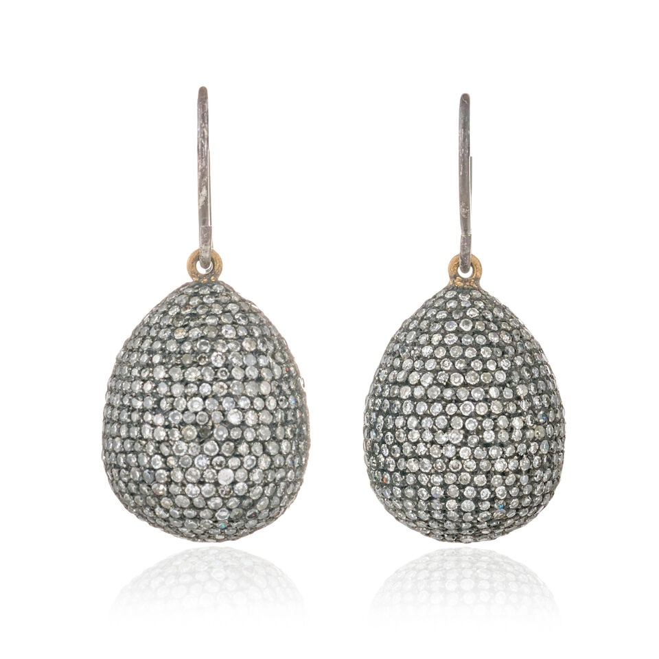 A PAIR OF DIAMOND DROP EARRINGS: A PAIR OF DIAMOND DROP EARRINGS Set with single-cut diamonds, approximate total weight 2.20 carats, mounted in silver, gross weight 5.0 dwt, length 1 1/16 in. For further information on this lot