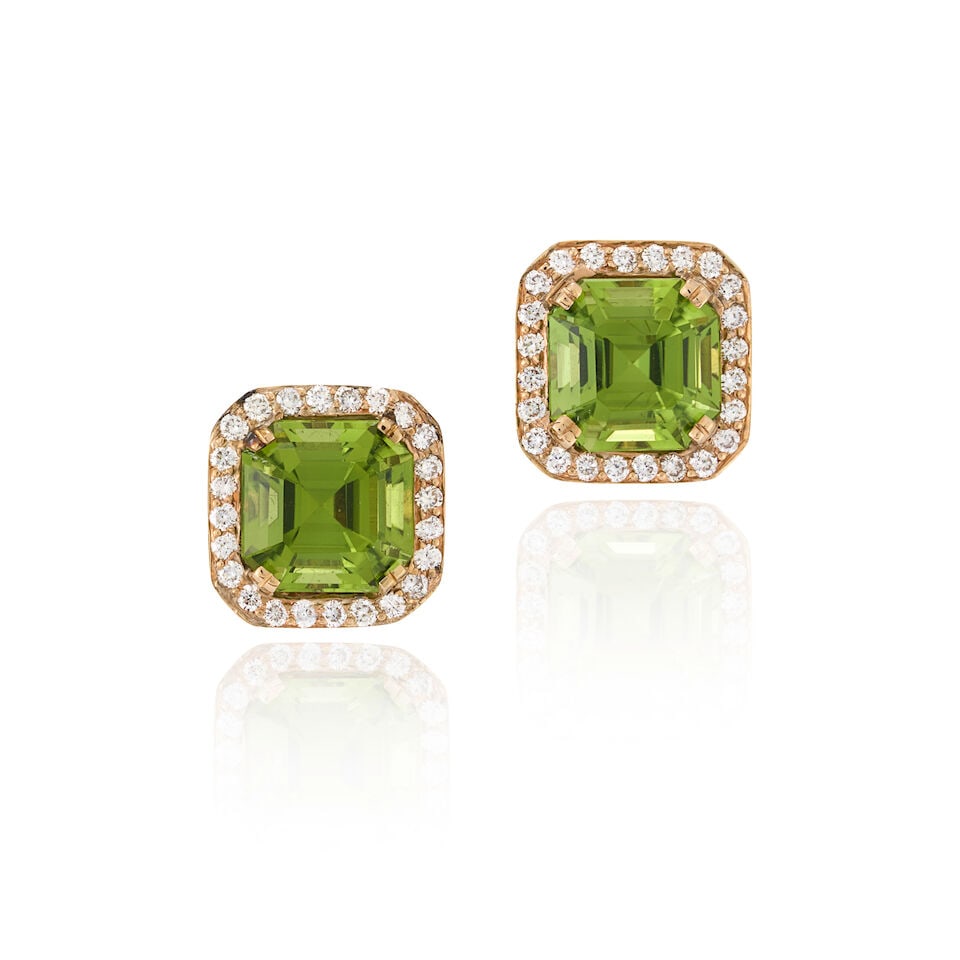 A PAIR OF GOLD, PERIDOT, AND DIAMOND EARRINGS: A PAIR OF GOLD, PERIDOT, AND DIAMOND EARRINGS Each centering a square emerald-cut peridot measuring approximately 9.35 x 9.35 x 7.00 mm, framed by full-cut diamonds, weight 3.7 dwt, length 1/2
