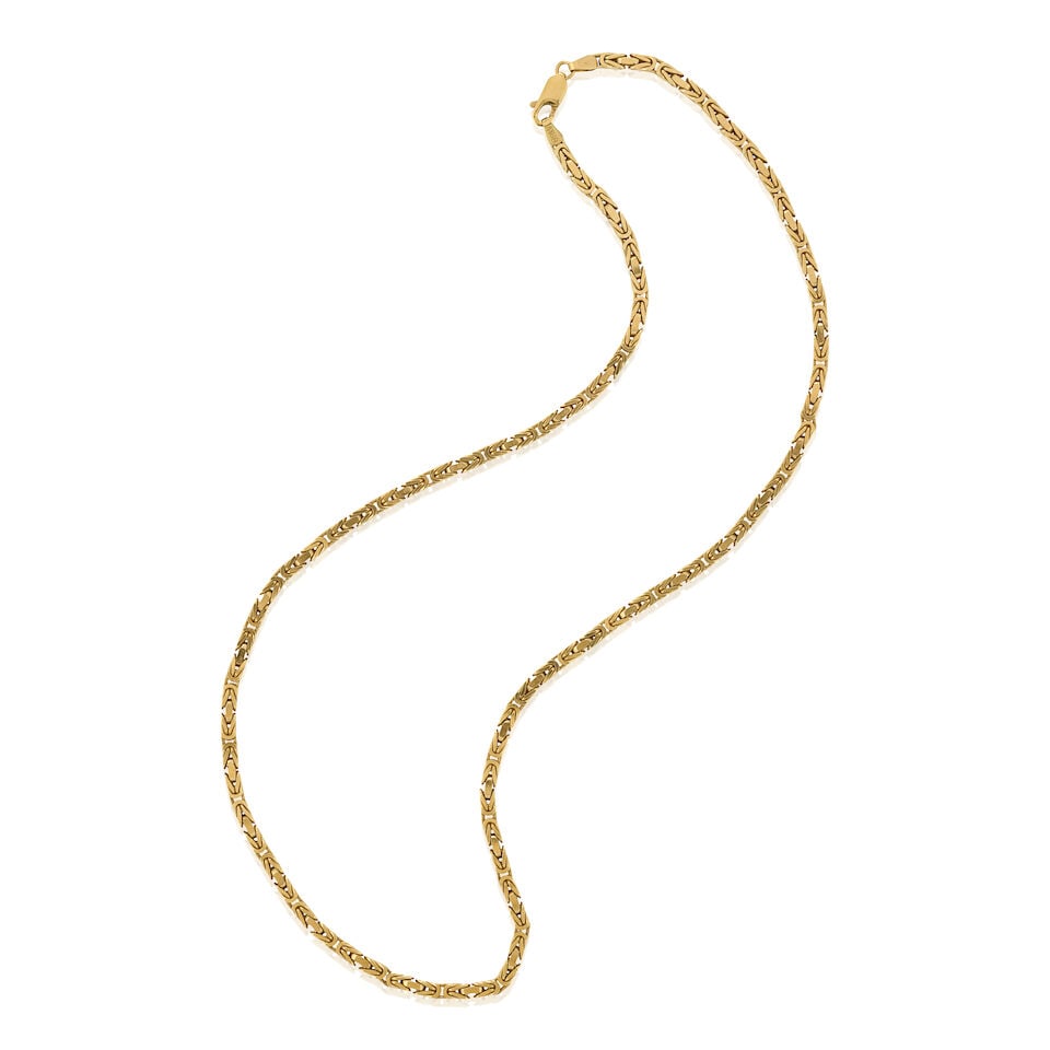 AN 18K GOLD CHAIN, ITALY: AN 18K GOLD CHAIN, ITALY Designed as a fancy box-link chain, weight 24.9 dwt, length 19 3/4 in. For further information on this lot please visit Bonhams.com For further information about this lot