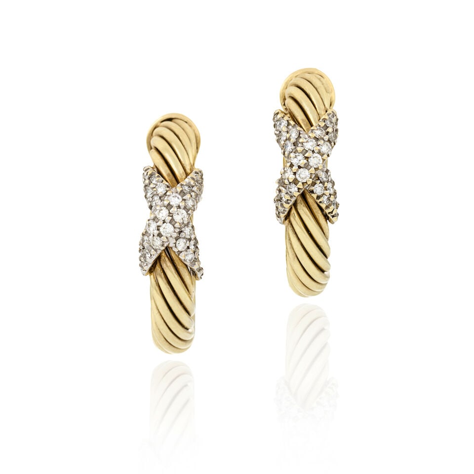 DAVID YURMAN: A PAIR OF 14K GOLD AND DIAMOND HOOP EARRINGS: DAVID YURMAN: A PAIR OF 14K GOLD AND DIAMOND HOOP EARRINGS The cabletwist hoops with applied 'X' motifs set with full-cut diamonds, weight 8.1 dwt, signed D.Y. for David Yurman, length 1 1/16 in. For