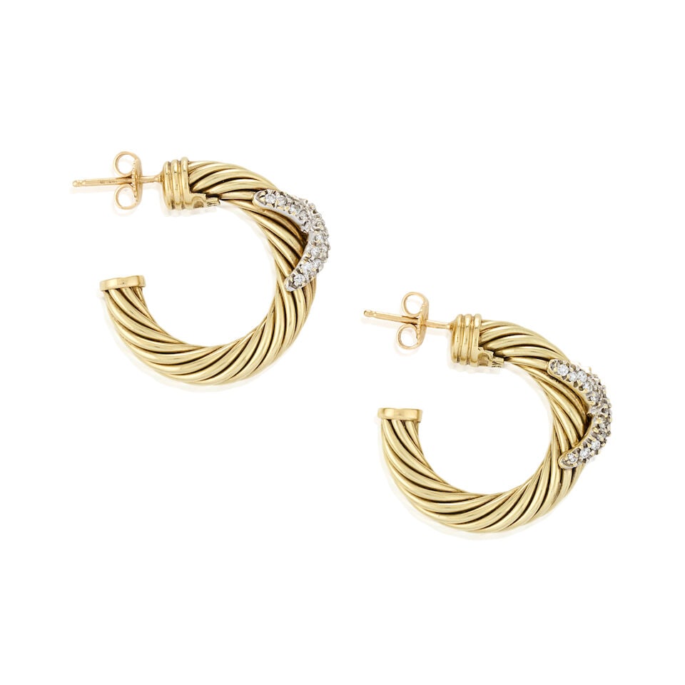 DAVID YURMAN: A PAIR OF 14K GOLD AND DIAMOND HOOP EARRINGS - 4