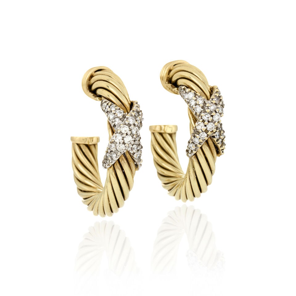 DAVID YURMAN: A PAIR OF 14K GOLD AND DIAMOND HOOP EARRINGS - 5