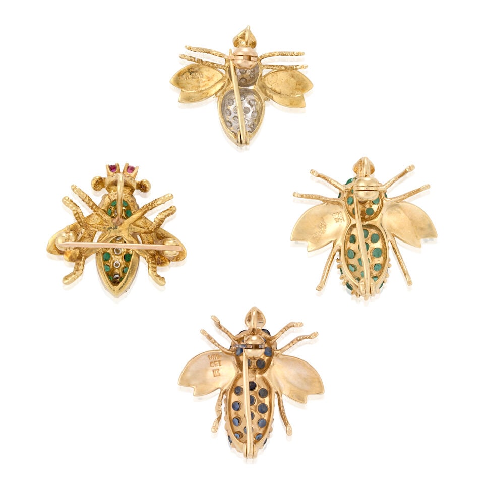 A GROUP OF FOUR GOLD, GEM-SET, AND DIAMOND BEE PENDANT/BROOCHES - 4