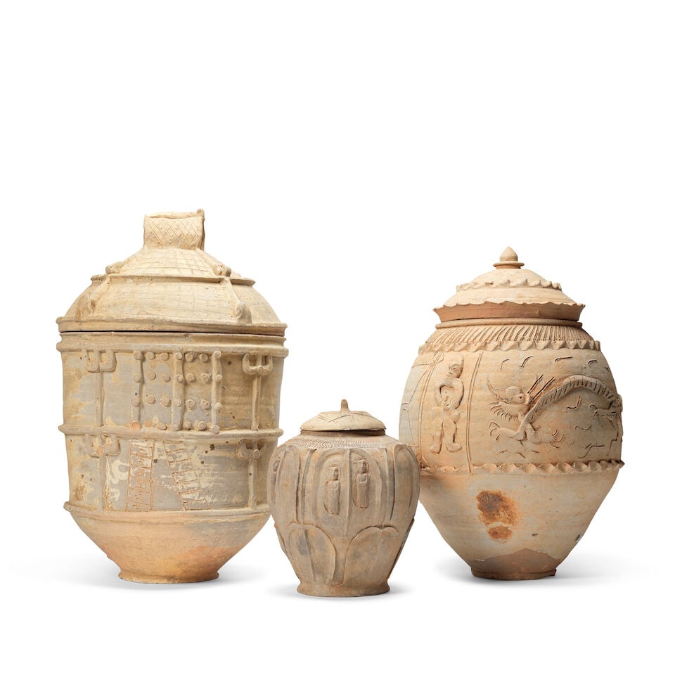 THREE POTTERY JARS AND COVERS Yuan Dynasty (6) (1 of 1)
