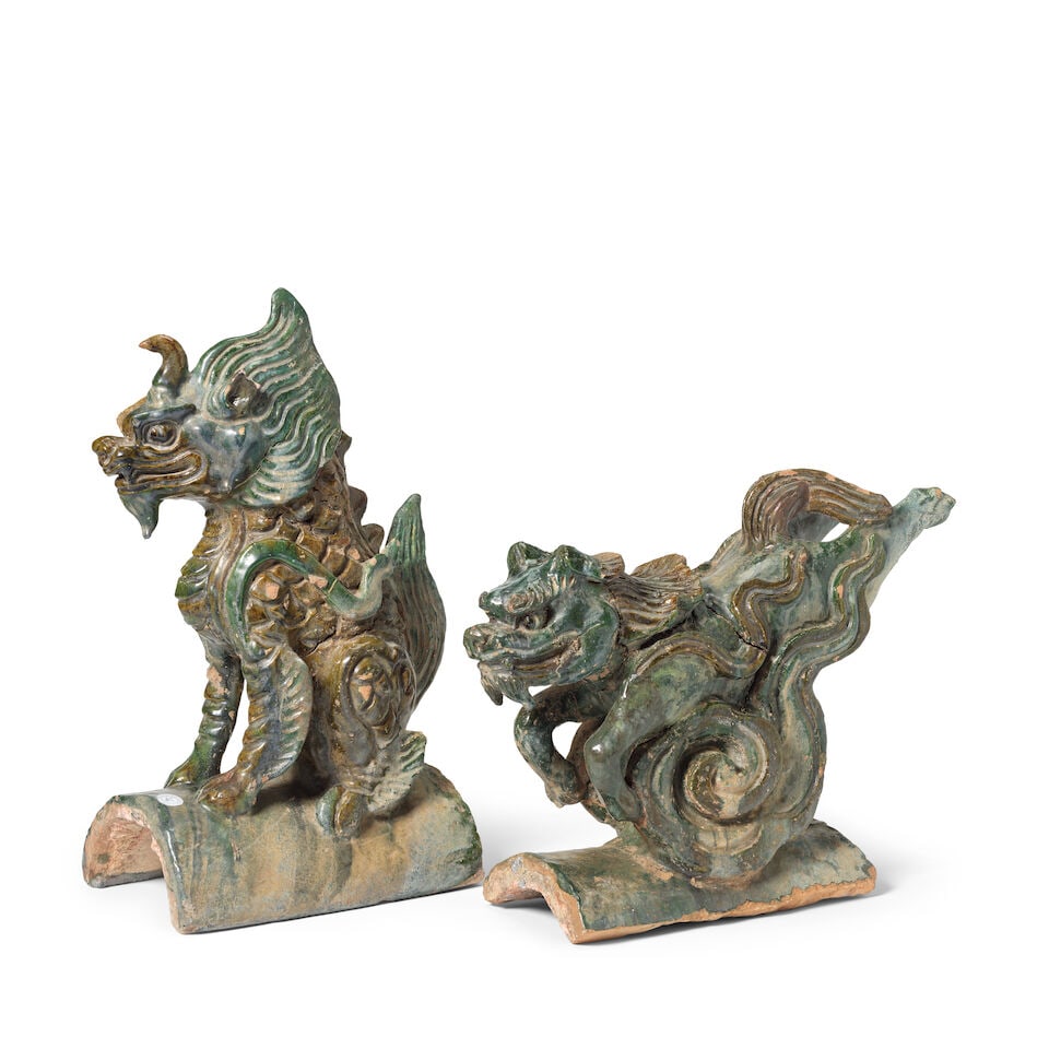 TWO LARGE GLAZED POTTERY MYTHICAL BEAST ROOF TILES Ming Dynasty (2) - 4