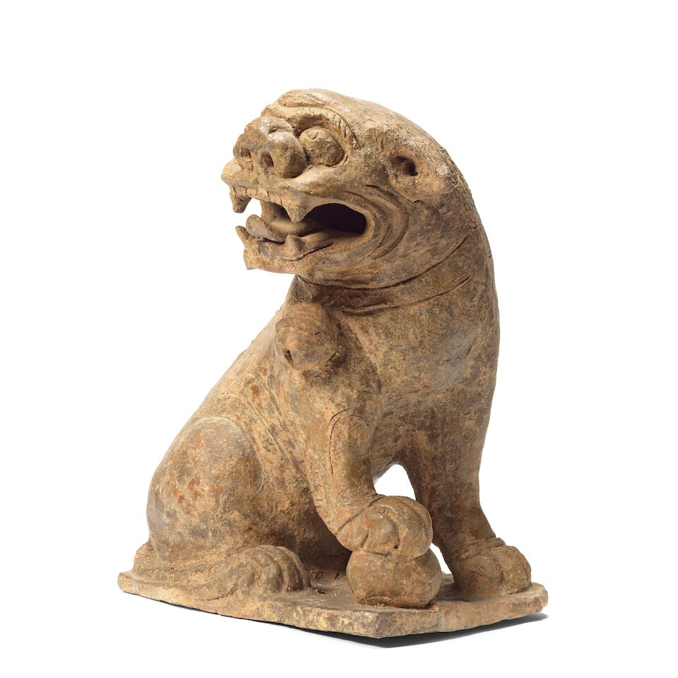 A POTTERY MODEL OF A HOUSE, A TERRACOTTA 'STICK' FIGURE AND A GLAZED BUDDHIST LION DOG Han Dynas... - 2