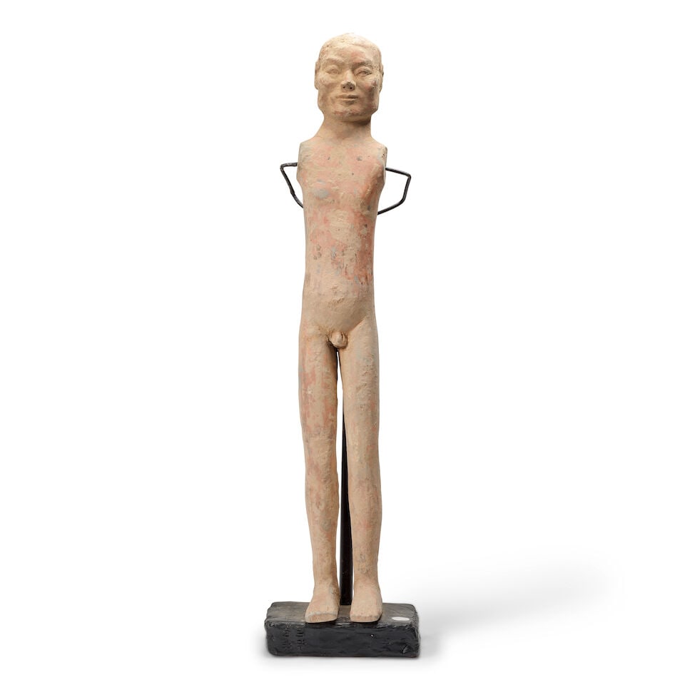 A POTTERY MODEL OF A HOUSE, A TERRACOTTA 'STICK' FIGURE AND A GLAZED BUDDHIST LION DOG Han Dynas... - 3
