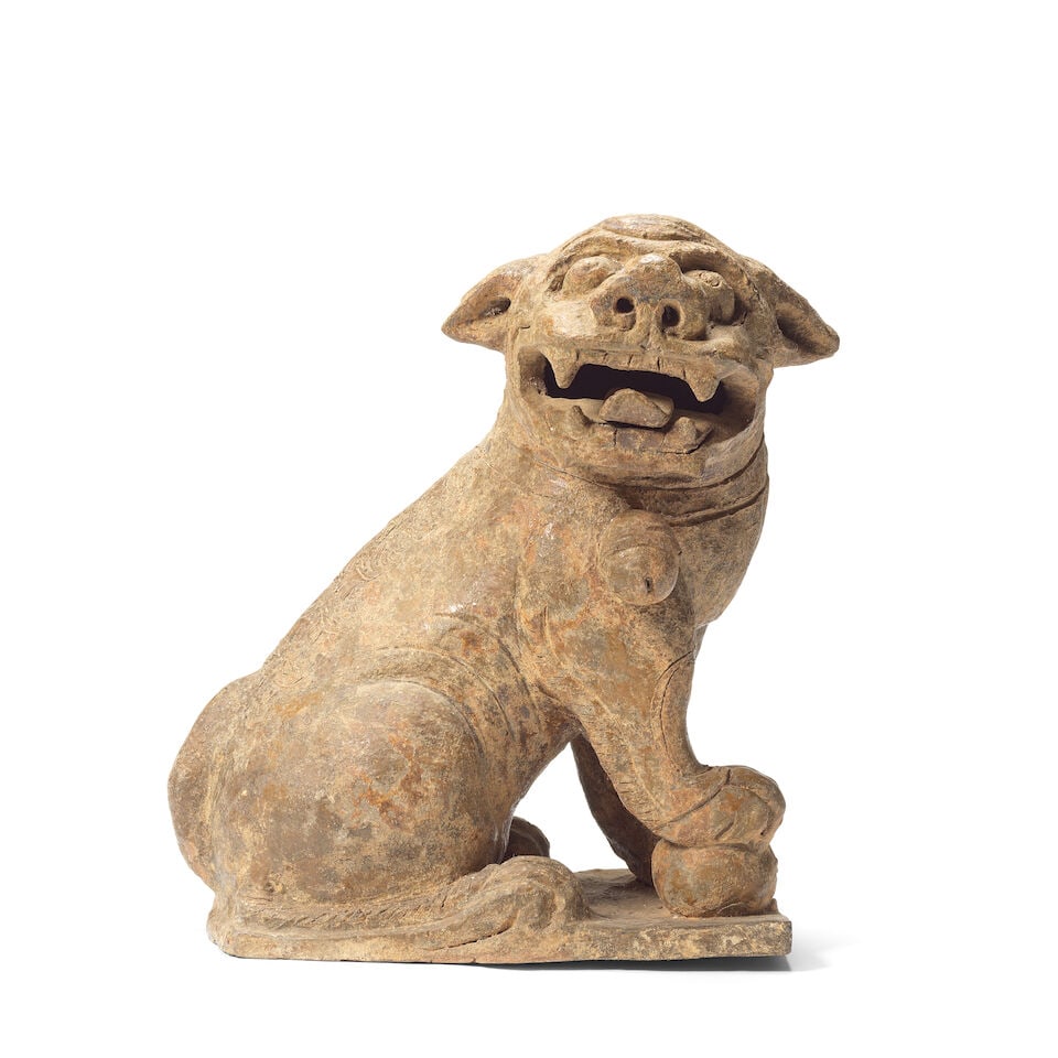 A POTTERY MODEL OF A HOUSE, A TERRACOTTA 'STICK' FIGURE AND A GLAZED BUDDHIST LION DOG Han Dynas... - 7