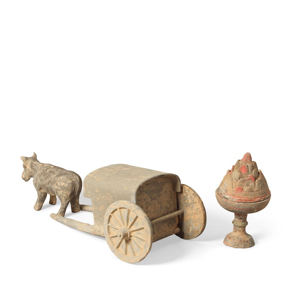 A GREY POTTERY MODEL OF AN OX-DRAWN CART AND A PAINTED GREY POTTERY INCENSE BURNER AND COVER Han... - 2