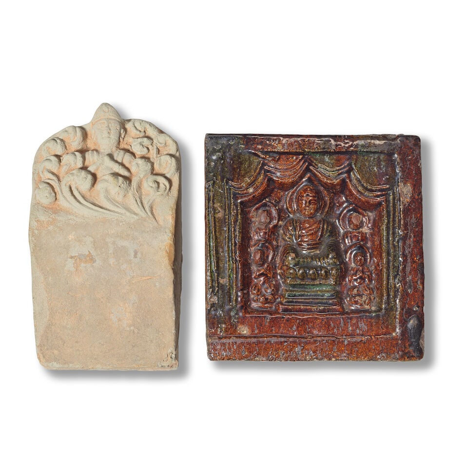 A GREEN AND OCHRE-GLAZED POTTERY 'BUDDHA' TILE AND A MOULDED POTTERY TILE Tang Dynasty, dated to... (1 of 2)