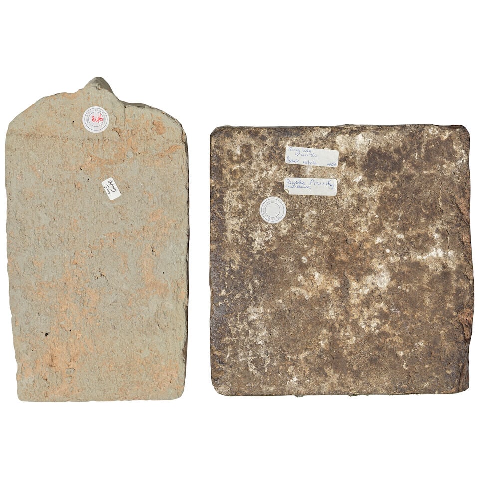 A GREEN AND OCHRE-GLAZED POTTERY 'BUDDHA' TILE AND A MOULDED POTTERY TILE Tang Dynasty, dated to... - 2