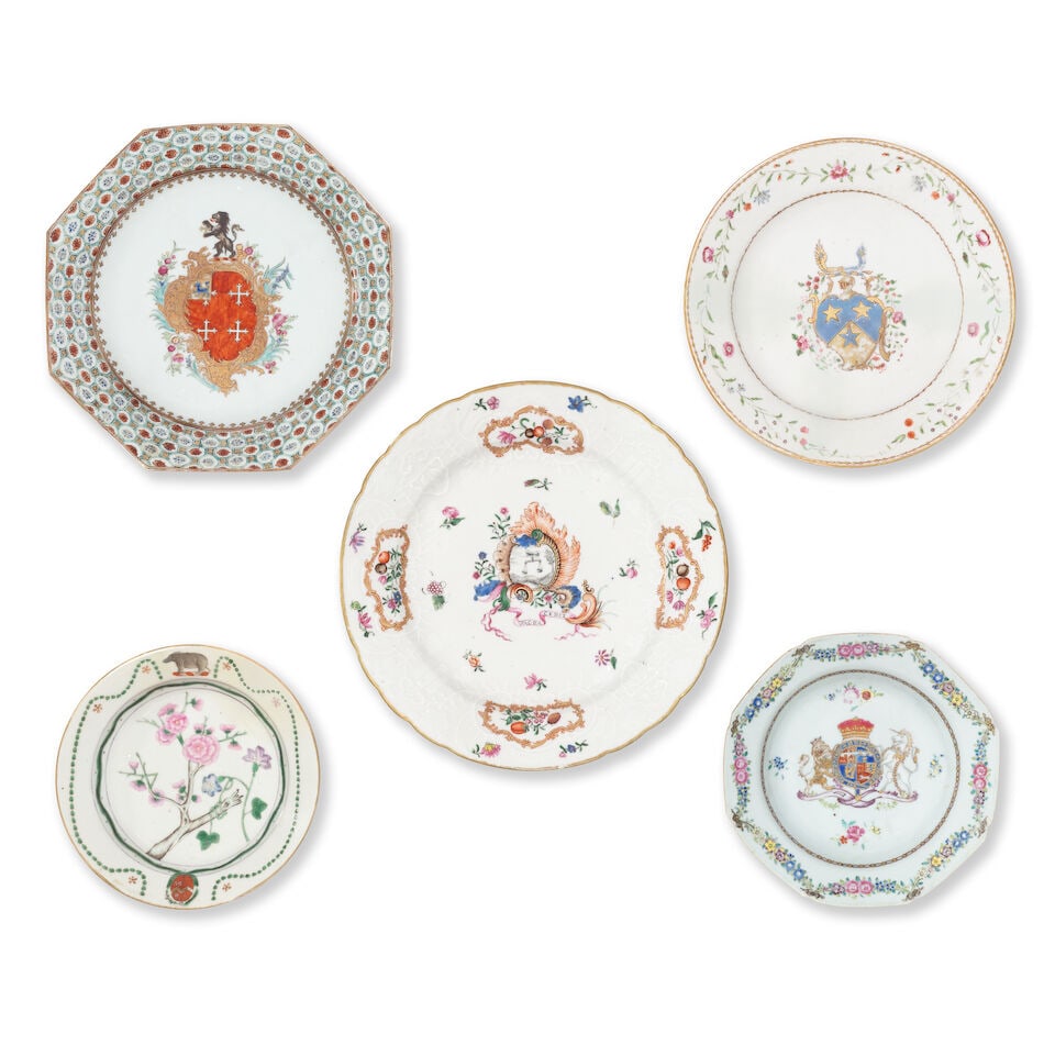 FIVE FAMILLE ROSE ARMORIAL DISHES Qianlong (5): FIVE FAMILLE ROSE ARMORIAL DISHES Qianlong Comprising: a dish decorated with a tree peony entwined with morning glory, the rim with the Arms of Chambers impaling Wilton, facing a chained bear crest; a