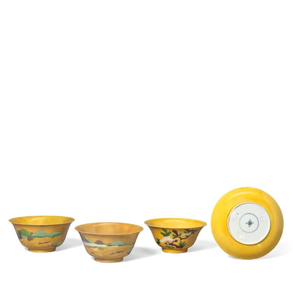 A YELLOW, GREEN AND AUBERGINE-GLAZED DISH AND TWO YELLOW GROUND, GREEN AND AUBERGINE-GLAZED VESS... - 2