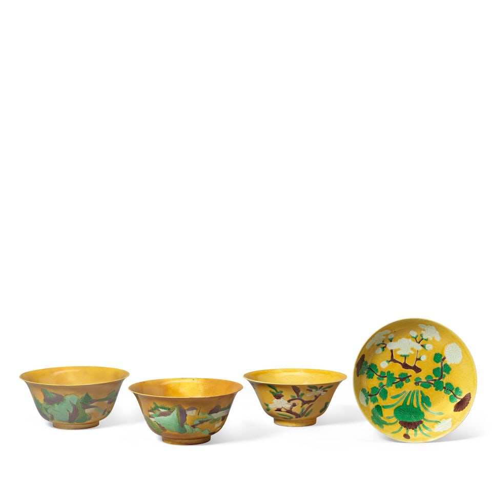 A YELLOW, GREEN AND AUBERGINE-GLAZED DISH AND TWO YELLOW GROUND, GREEN AND AUBERGINE-GLAZED VESS... - 3