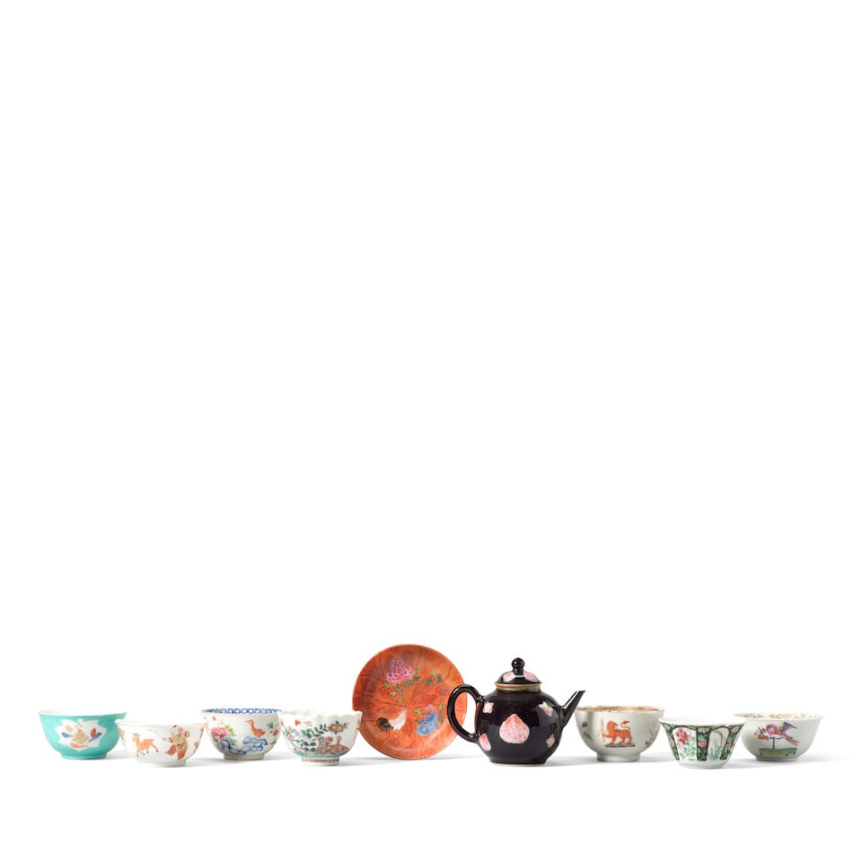 A GROUP OF SEVEN TEA BOWLS, A FAUX-BOIS 'COCKEREL' SAUCER AND A BLACK GROUND TEAPOT AND COVER Ka... (1 of 2)