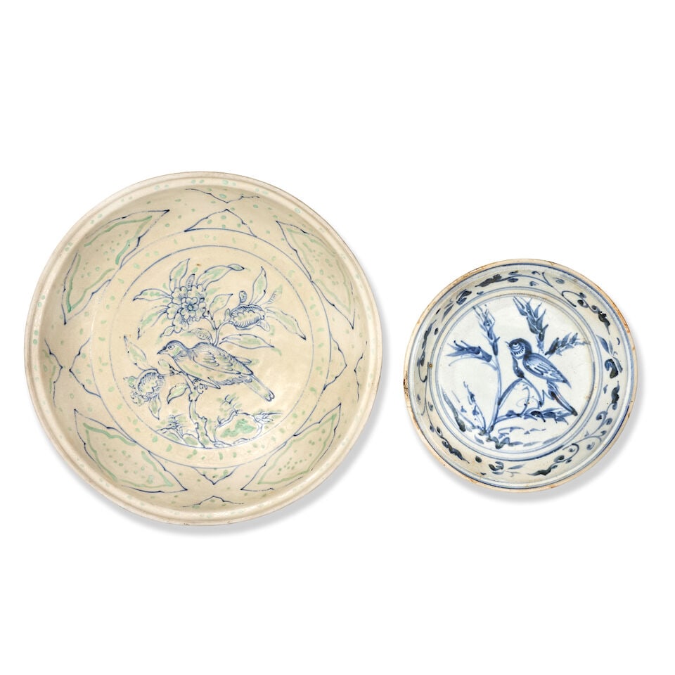 TWO BLUE AND WHITE AND ENAMELLED HOI AN HOARD 'BIRD' DISHES Vietnam, circa 1500 (2) (1 of 2)