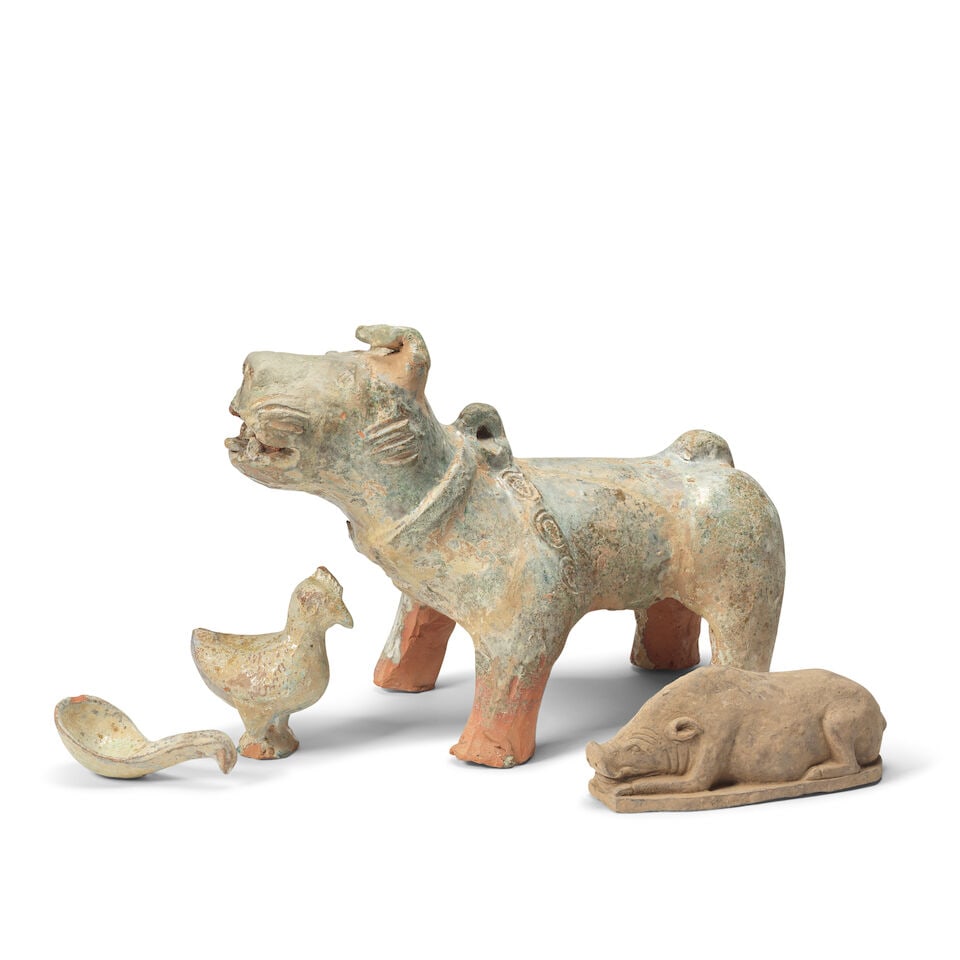 THREE POTTERY MODELS OF ANIMALS AND A LADLE Han Dynasty (4) - 2