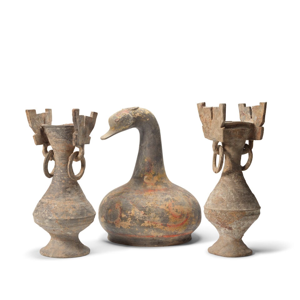 A PAINTED GREY POTTERY GOOSE-FORM VESSEL AND A PAIR OF POTTERY VASES WITH TAOTIE AND LOOSE RING ... (1 of 2)