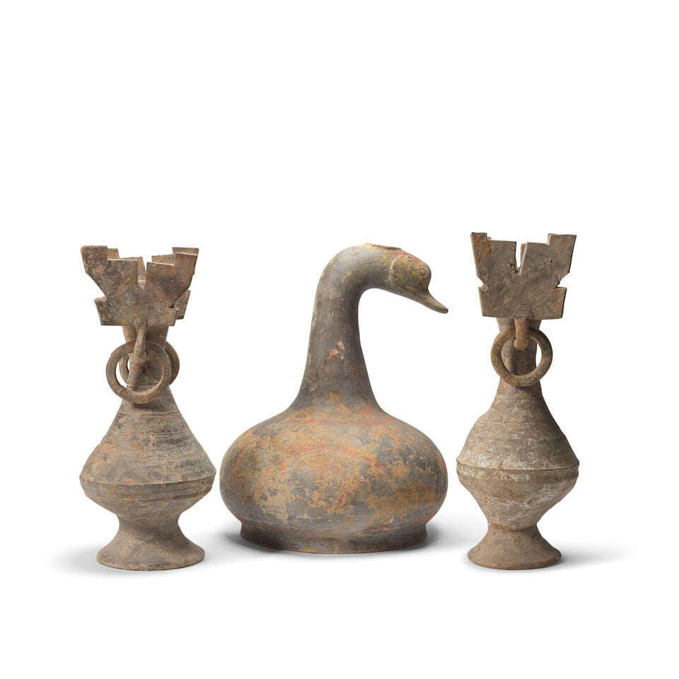 A PAINTED GREY POTTERY GOOSE-FORM VESSEL AND A PAIR OF POTTERY VASES WITH TAOTIE AND LOOSE RING ... - 2