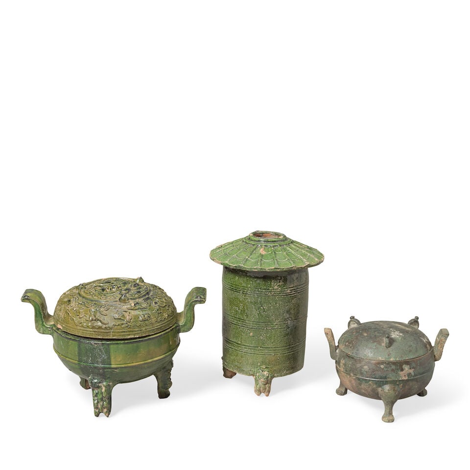 A LEAD GREEN-GLAZED HILL BURNER AND COVER, A GRANARY JAR AND A METAL INCENSE BURNER AND COVER Ha... (1 of 2)