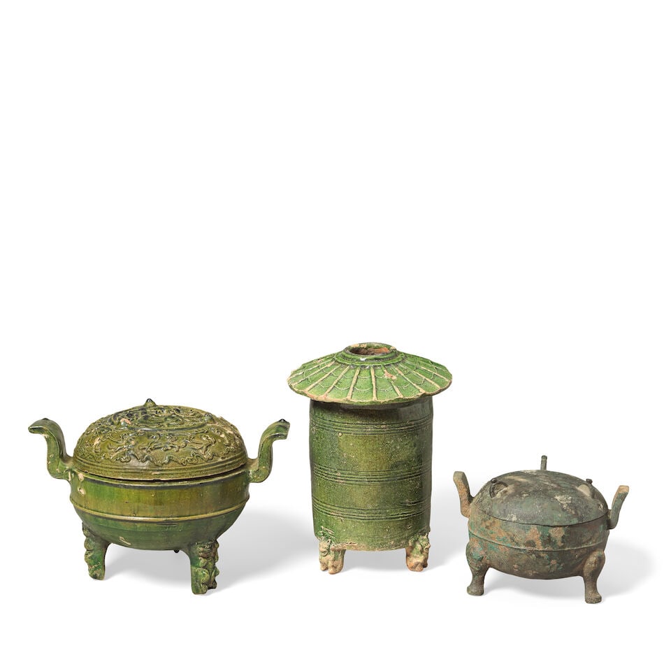 A LEAD GREEN-GLAZED HILL BURNER AND COVER, A GRANARY JAR AND A METAL INCENSE BURNER AND COVER Ha... - 2