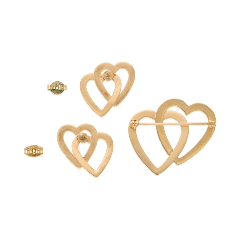 14K YELLOW GOLD BROOCH AND EARRINGS - 2