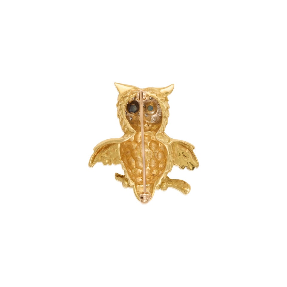 18K YELLOW GOLD, SAPPHIRE, AND DIAMOND BROOCH - 2
