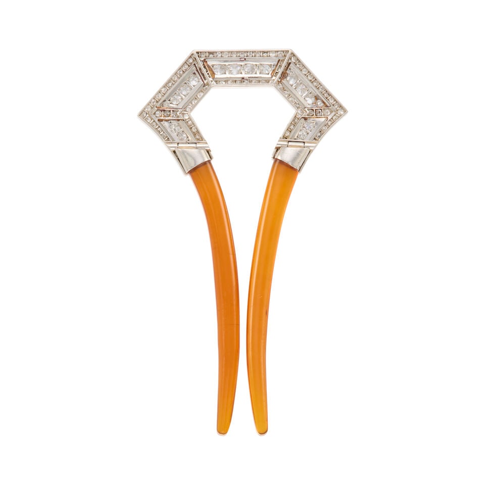 ANTIQUE PLATINUM, DIAMOND, AND TREATED AMBER HAIR ACCESSORY - 2