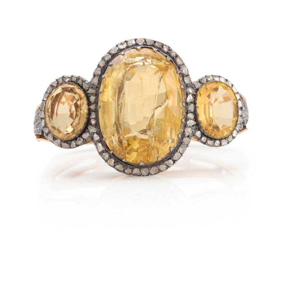 ANTIQUE SILVER, 14K ROSE GOLD, CITRINE, AND DIAMOND BANGLE - 2