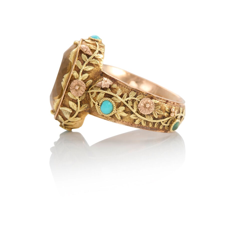 18K YELLOW GOLD, CITRINE, AND TURQUOISE RING - 2