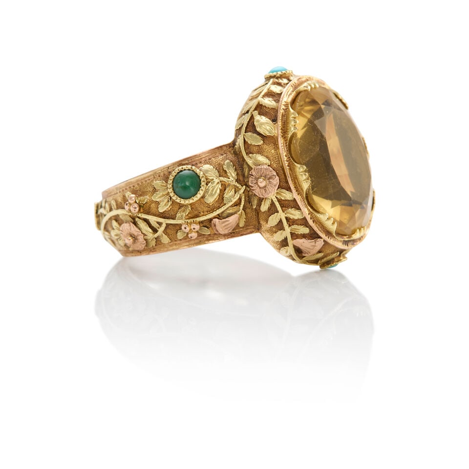 18K YELLOW GOLD, CITRINE, AND TURQUOISE RING - 3
