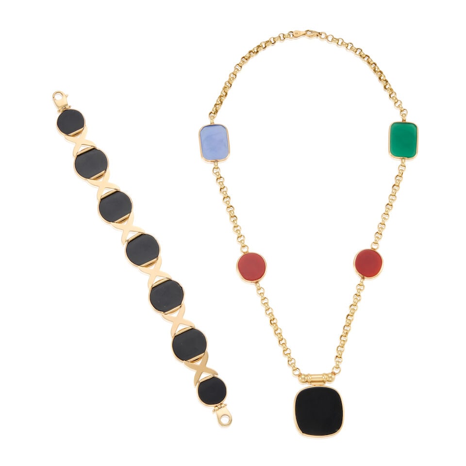 14K YELLOW GOLD AND DYED CHALCEDONY BRACELET AND NECKLACE - 2