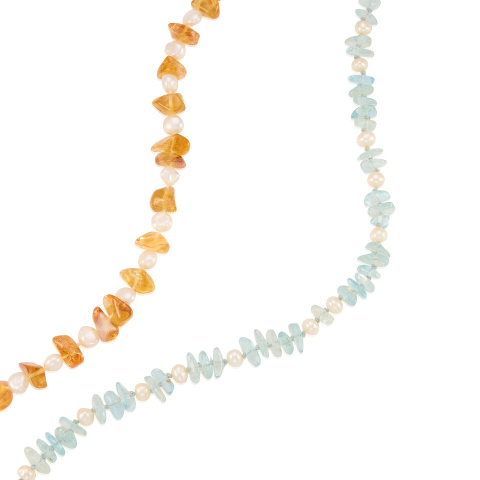 TWO 14K YELLOW GOLD, AQUAMARINE, CITRINE, AND CULTURED PEARL NECKLACES - 2