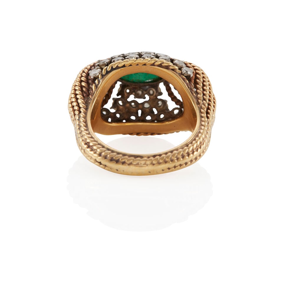 MID-CENTURY 18K YELLOW GOLD, PALLADIUM, SYNTHETIC SPINEL AND DIAMOND RING - 2