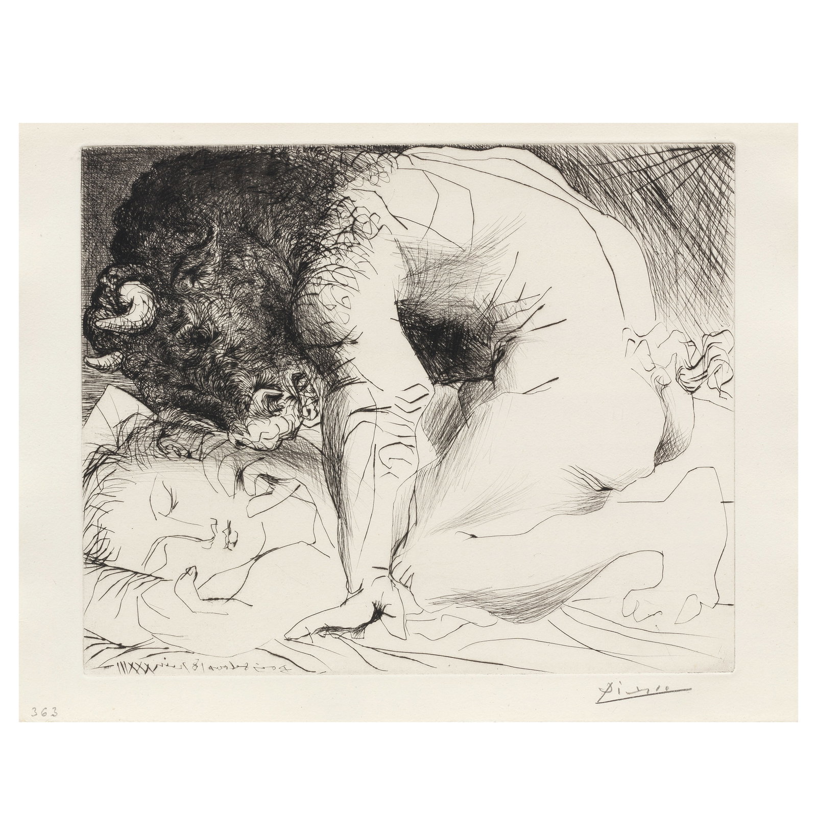 Pablo Picasso (Spanish, 1881-1973) Minotaure caressant une Dormeuse, from La Suite Vollard Drypo...: Pablo Picasso (Spanish, 1881-1973) Minotaure caressant une Dormeuse, from La Suite Vollard (Bloch 201; Baer 369.II.B.d) Drypoint, 1933, a fine impression, printing with strong burr, on Montval laid pa