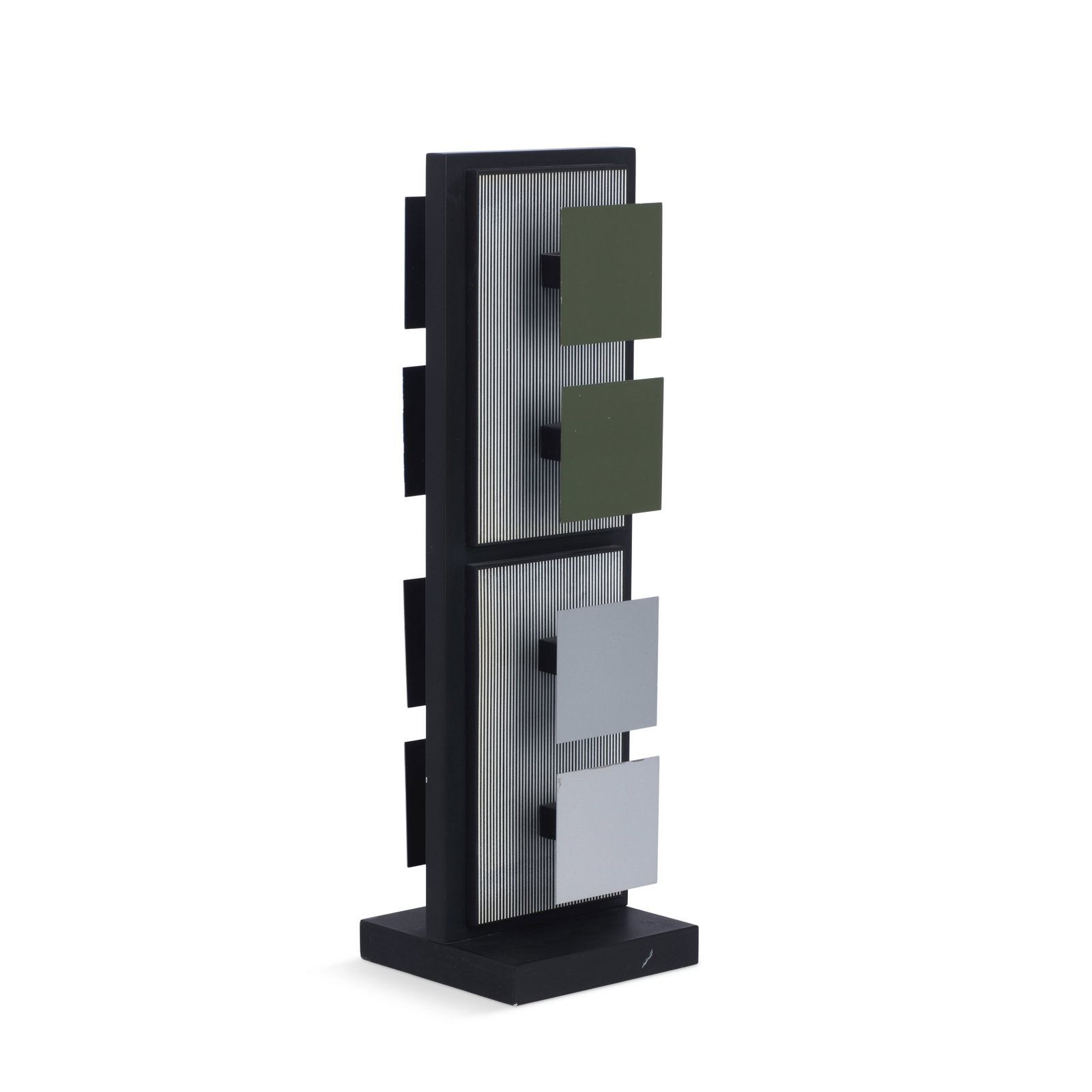 Jesús Rafael Soto (Venezuelan, 1923-2005) Multiple V, from Jai-Alai Wood multiple with four...: Jesús Rafael Soto (Venezuelan, 1923-2005) Multiple V, from Jai-Alai Wood multiple with four square metal sections in colours, 1969, with artist's signature and numbering 84/300 incised on the bas