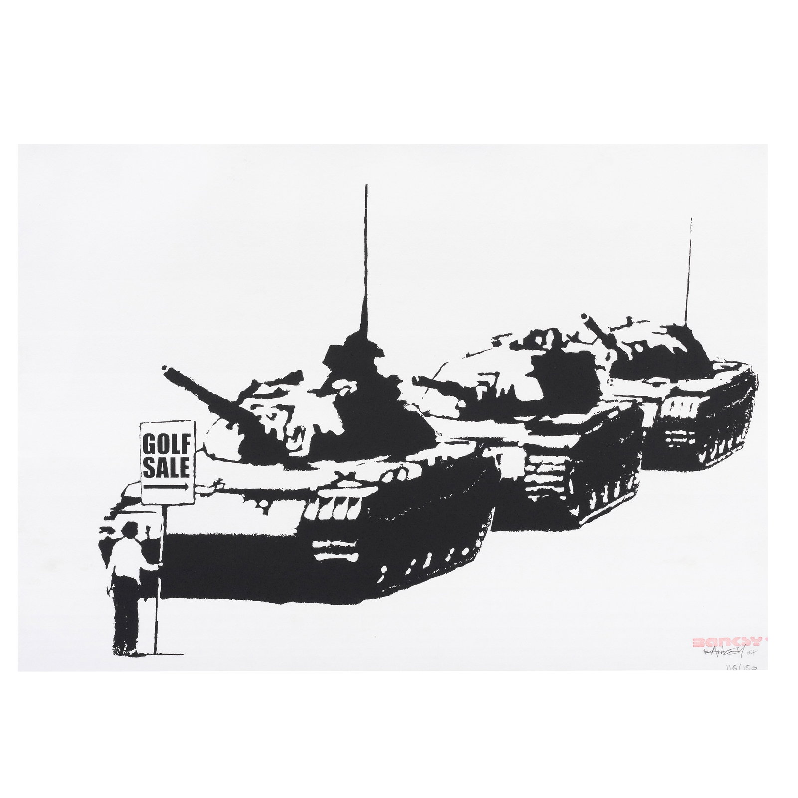 Banksy (British, born 1974) Golf Sale Screenprint, 2003, on wove paper, signed, dated and number...: Banksy (British, born 1974) Golf Sale Screenprint, 2003, on wove paper, signed, dated and numbered 116/150 in pencil, published by Pictures on Walls, London, with the artist's red ink stamp, framed Sh